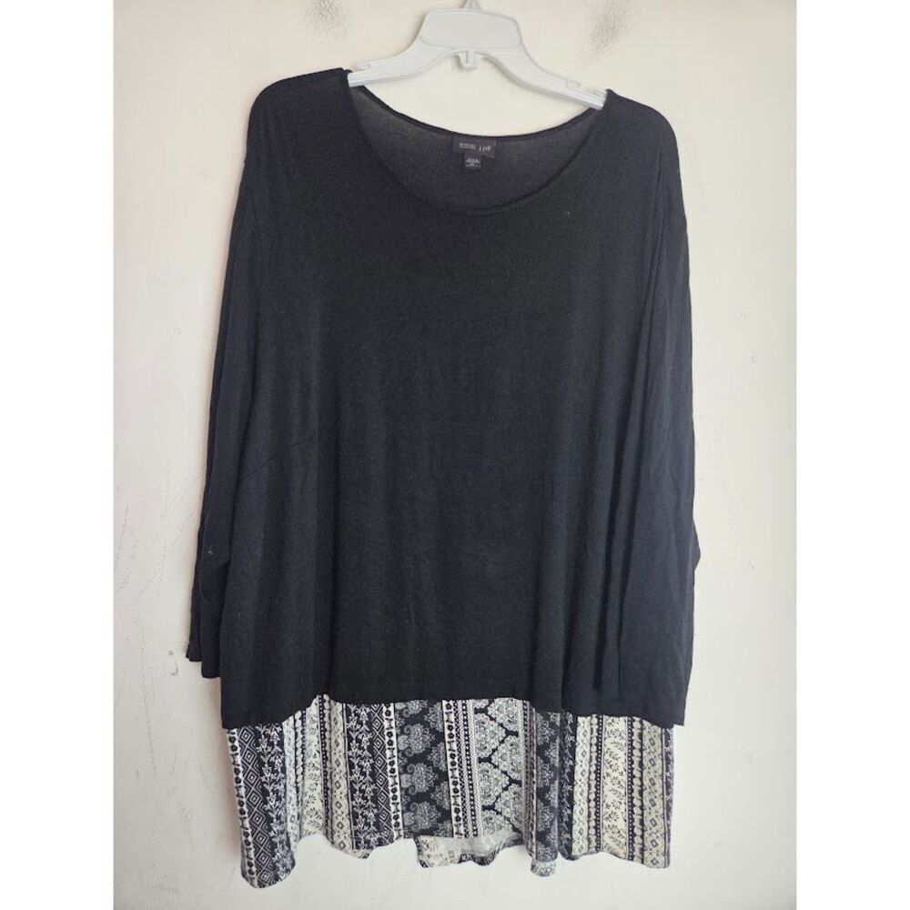 J.Jill Wearever Collection Black Print Hem Jersey Knit Mixed Media Tunic Top 3X